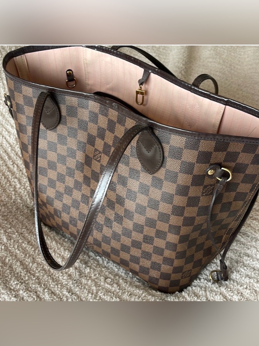 Louis Vuitton Neverfull MM Damier Ebene Rose Ballerine Tote Interior